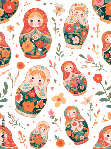  Babushka (matryoshka) seamless pattern Traditional Russian wooden nesting doll