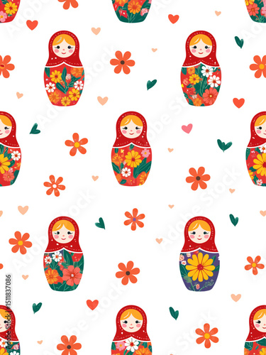  Babushka (matryoshka) seamless pattern Traditional Russian wooden nesting doll