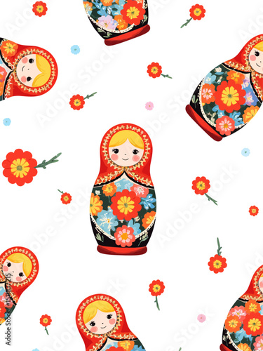  Babushka (matryoshka) seamless pattern Traditional Russian wooden nesting doll