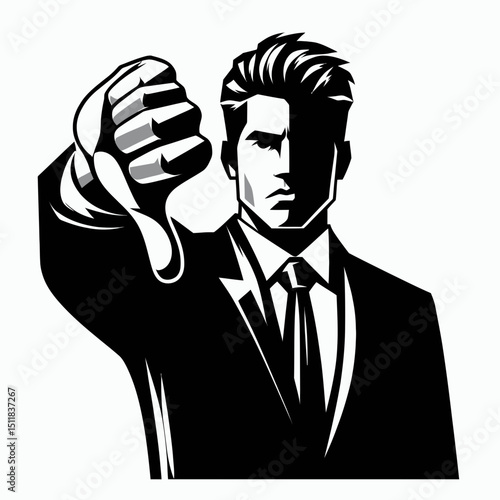 Businessman giving thumbs down. Business Finance Corporate Office Success Entrepreneur Clipart Line Art Vector Illustration. Male expressing disapproval negative gesture declining.