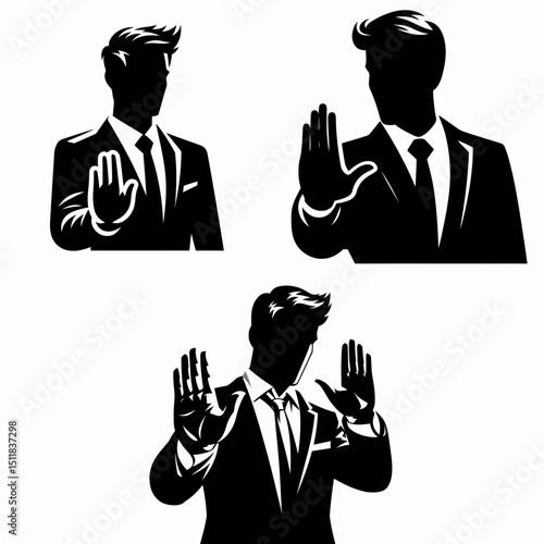 Businessman gesturing no. Business Finance Corporate Office Success Entrepreneur Clipart Line Art Vector Illustration. worker demonstrating disapproval denying action with hand movement.