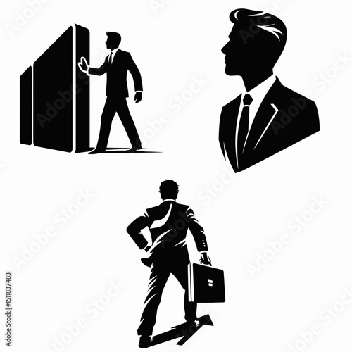 Businessman facing obstacle. Business Finance Corporate Office Success Entrepreneur Clipart Line Art Vector Illustration. encountering hurdle executive striving confronting challenge.