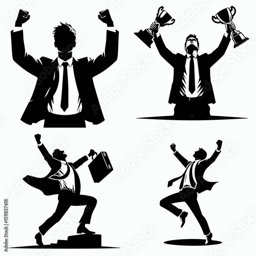 Businessman celebrating success. Business Finance Corporate Office Success Entrepreneur Clipart Line Art Vector Illustration. ovation triumph fulfillment achievement prosperity income.