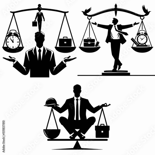 Businessman balancing worklife. Business Finance Corporate Office Success Entrepreneur Clipart Line Art Vector Illustration. achieving career equilibrium a fulfilling existence outside.