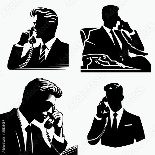 Businessman answering phone. Business Finance Corporate Office Success Entrepreneur Clipart Line Art Vector Illustration. male receiving call executive utilizing mobile device.