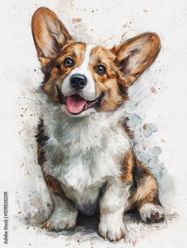 A corgi sits happily, tongue out and tail wagging. Its bright eyes and playful demeanor convey joy. The background features soft colors that enhance its adorable presence.
