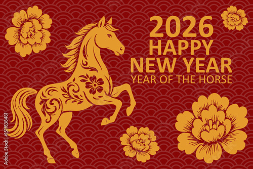 greeting card Happy New Year 2026. Chinese New Year. horse zodiac sign. Vector