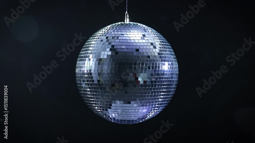Rotating disco ball reflecting light on black background