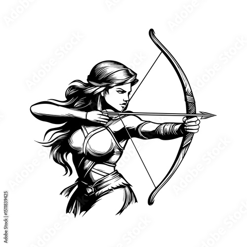 Archer woman aiming with bow and arrow