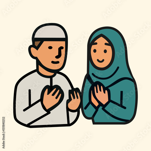 Muslim Man and Woman Praying Icon Set – Minimal Islamic Worship Vector Illustration
