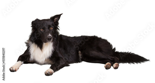 Fotografie Attentive purebred border collie dog lying on the floor one ear bent, full lengt