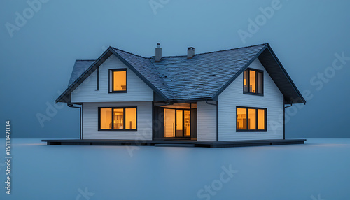 Wallpaper Mural A minimalist chalet-style house with pitched roofs, white siding, dark window trim, and amber light from inside, placed on blue gradient. Torontodigital.ca
