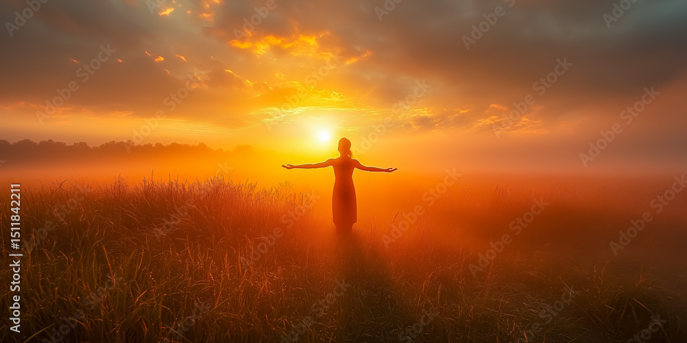 Fototapeta premium Silhouette of a woman embracing the sunrise in a field