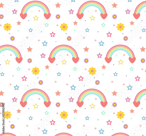Seamless cute rainbow pattern with hearts, stars, and flowers on a white background. Perfect for kids' textiles, wallpapers, and cheerful decorative designs.

