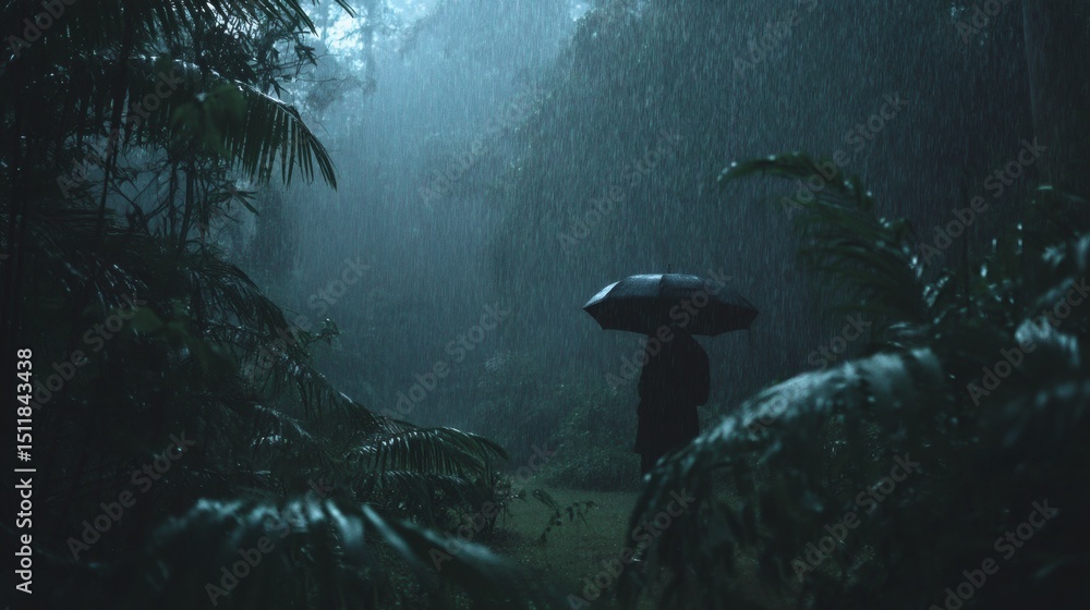 Fototapeta premium Dark Rainy Night in Lush Forest with Silhouette under Umbrella