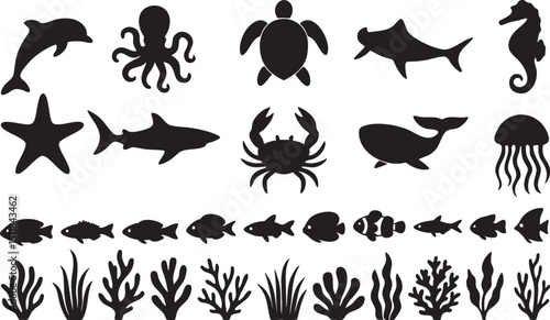Sea Elements Silhouettes Vector Set. A vector set of sea life and ocean elements in silhouette style. Includes marine animals, waves, and nautical shapes.