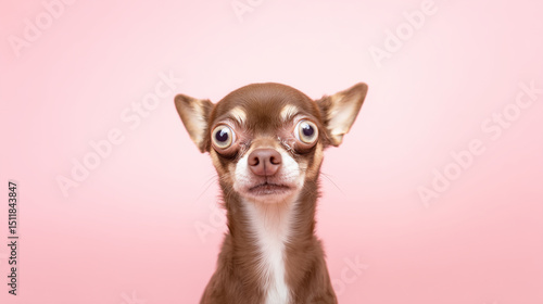 Funny Surprised Chihuahua Dog with Wide Eyes on Pink Background – Close-Up of Shocked Brown Pup with Comical Expression