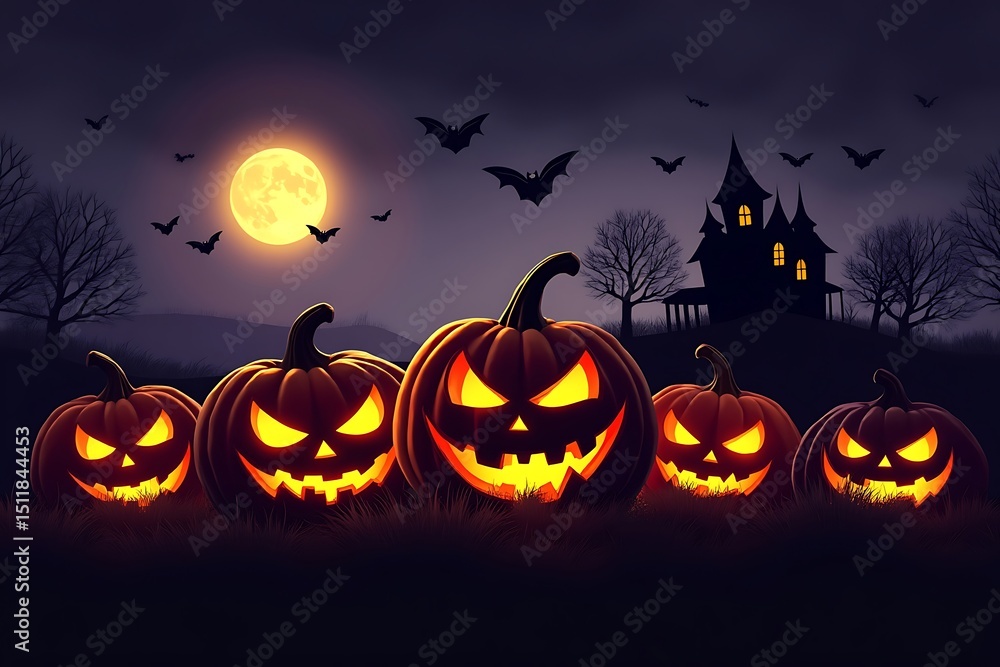 Halloween jack o lanterns spooky night scene Halloween jack o lanterns spooky night scene