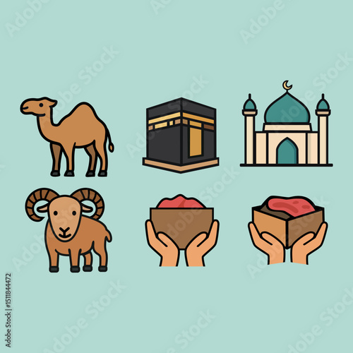 Eid al-Adha Vector Icons – Qurban Animals, Kaaba, Mosque, Meat Donation