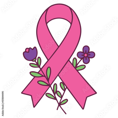 Pink ribbon with purple flowers and green leaves for breast cancer awareness illustration design