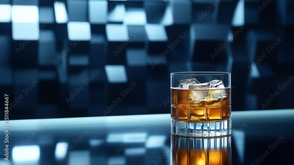 Glass of whiskey with ice on a reflective surface Glass of whiskey with ice on a reflective surface
