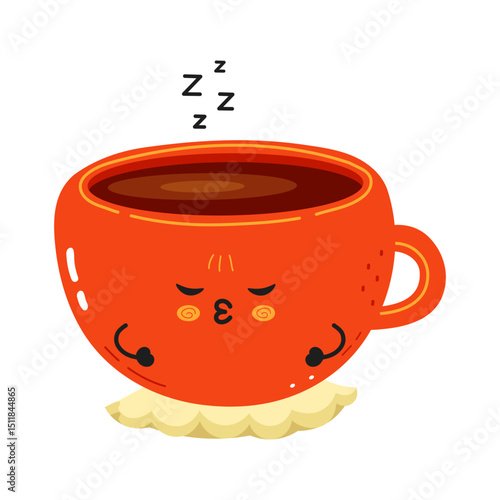 Cute cartoon Coffee Cup character sleeping, resting on a napkin, ideal for breakfast, coffee shop, and cafe related designs