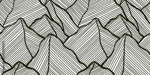 Seamless abstract pattern with stylized hand drawn mountain range. Minimalist surface print, graphic design with doodle drawing of mountain range. Black and white line art. Vector illustration.