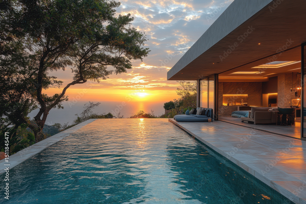 Fototapeta premium Sunset reflections on a serene pool.