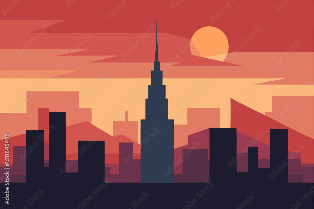 Obraz premium Abstract cityscape silhouette with warm sunset colors for a screen background wallpaper