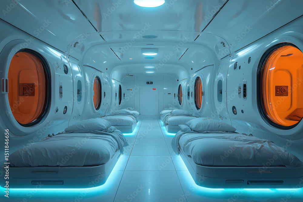 Obraz premium beds in a spaceship with a large window.