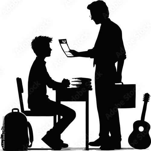 Silhouette of student receiving a report card from teacher vector isolated
on a white background