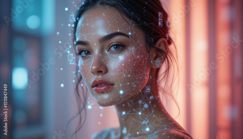 Woman's Face with Glowing Network Overlay Represents Future Technology Concepts