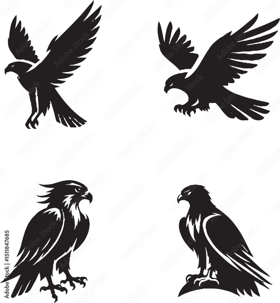 Fototapeta premium Black-and-White Stylized Birds of Prey Silhouettes in Dynamic Poses
