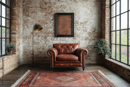 Leather chair on rug in front of brick wall.