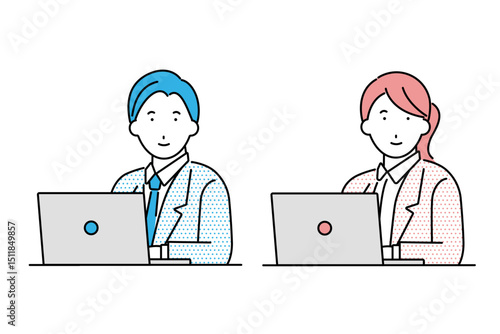 ノートパソコンを使うスーツを着た男性と女性のイラスト
