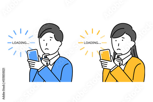 スマホのローディングが長くて困る男性と女性のイメージイラスト