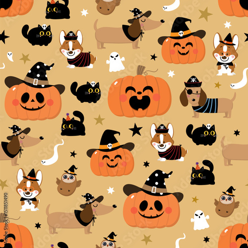 pumpkin_2025_pattern_2Happy halloween party seamless pattern and  background with cute dachshund puppy wear witch hat, corgi dog, black cat, owl, ghost and spooky pumpkin. Animals holidays cartoon cha