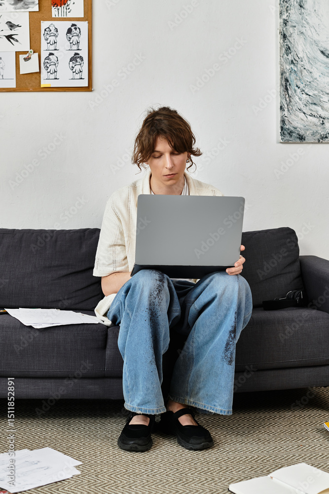 Naklejka premium Young student working diligently at home on a laptop surrounded by study materials