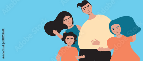 Authentic Family with dad and happy kids as single person, flat vector stock illustration as copy space template