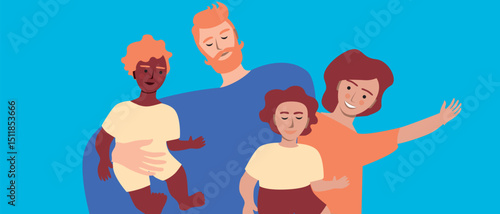 Authentic Family with dad and multicultural kids as fathers day concept, flat vector stock illustration