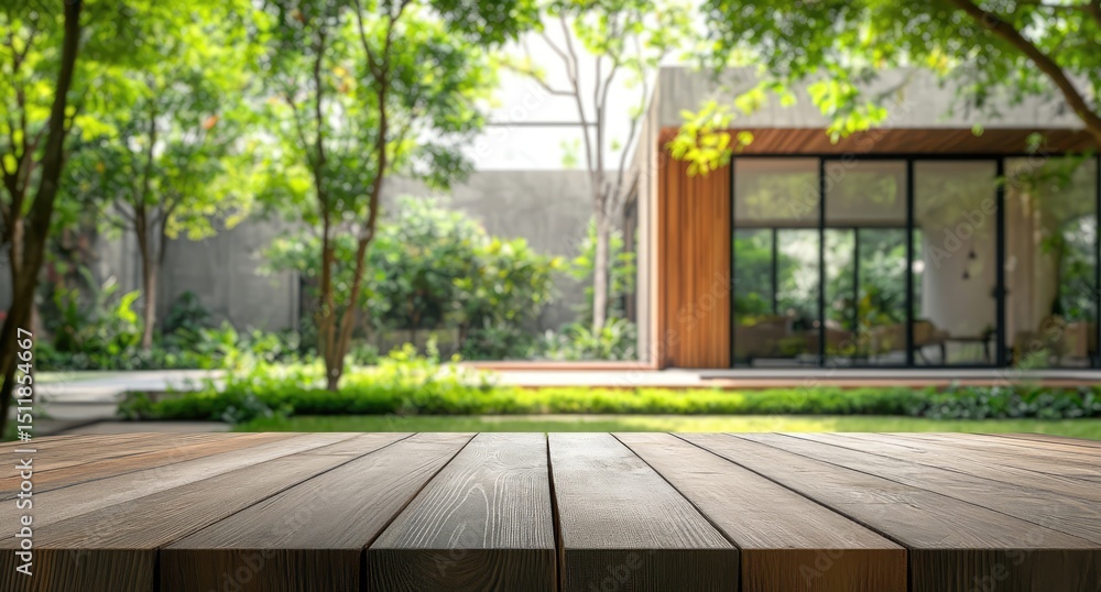 Empty Wooden Table Top with Green Garden Blurred Background Empty Wooden Table Top with Green Garden Blurred Background