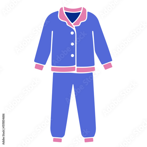 Illustration of blue pajamas with pink trim including a long sleeved top and pants set on white