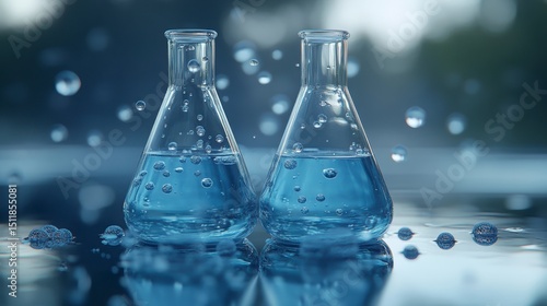 Two Erlenmeyer flasks filled with blue liquid and bubbles amidst floating droplets