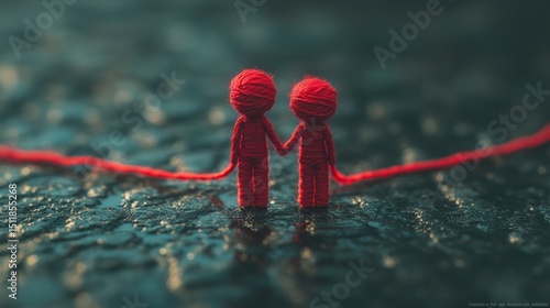 Two red yarn figures holding hands on a textured surface with thread, conceptual
