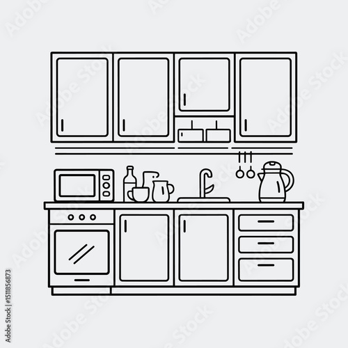 line art of a kitchen countertop with cabinets, microwave, sink, kettle, and bottle, drawn with clean black lines, simple and minimal style on white background, 