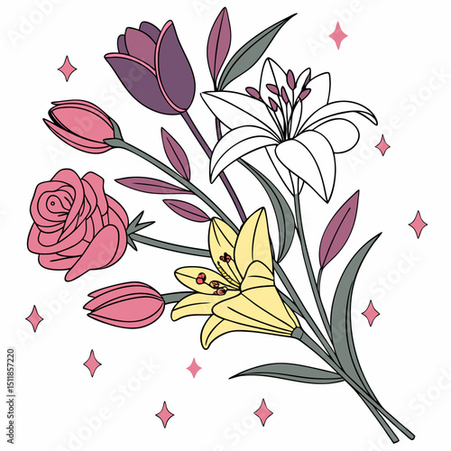 Vector illustration of a beautiful bouquet of flowers with vibrant colors, representing nature and beauty