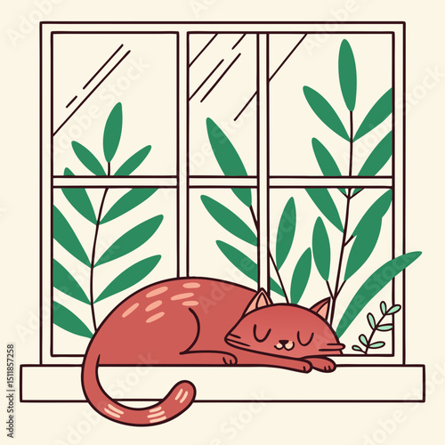 Vector illustration of a sleeping cat on a windowsill with plants, representing tranquility and cozy home vibes