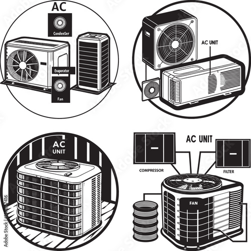 Illustrated guide depicting the components and operation of air conditioning units and systems showcasing detailed parts