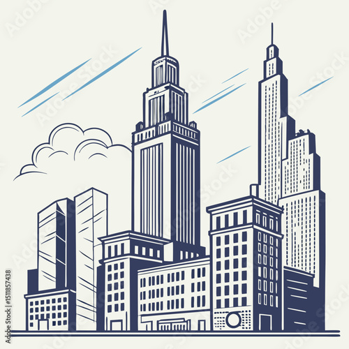 City skyline illustration featuring skyscrapers in a modern and detailed style with copy space