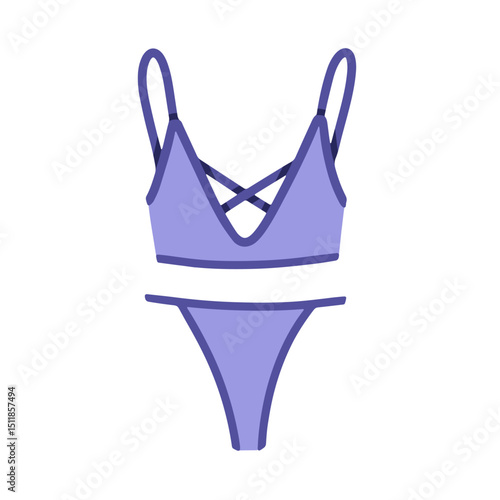 Lingerie, women bikini with straps. Modern female underwear with bra, panties thongs. Feminine underclothes, underpants. Body clothing, garment. Flat vector illustration isolated on white background.